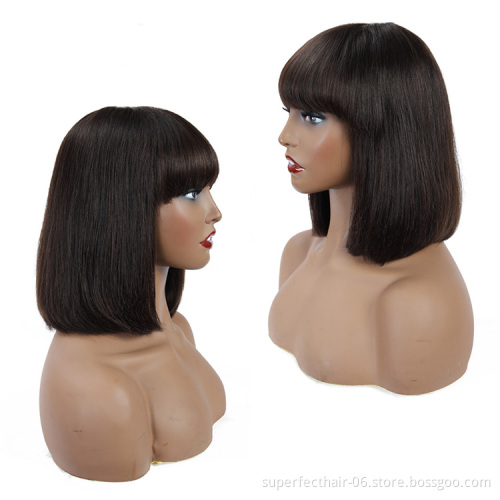 Wholesale Virgin Straight Bob Wig With Bangs Full Machine Made Wig For Black Women Natural Color Short Cheap Human Hair Wigs